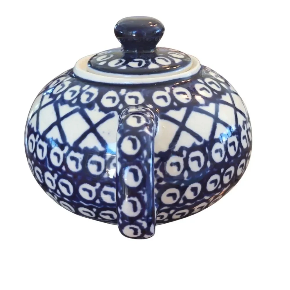 Polish Pottery Authentic Bolesławiec Teapot Hand Made 16 Oz 1 Pint BLUE 2 cups